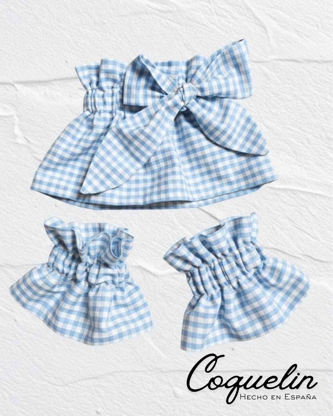 Conjunto cuello y puños vichy azul bebe