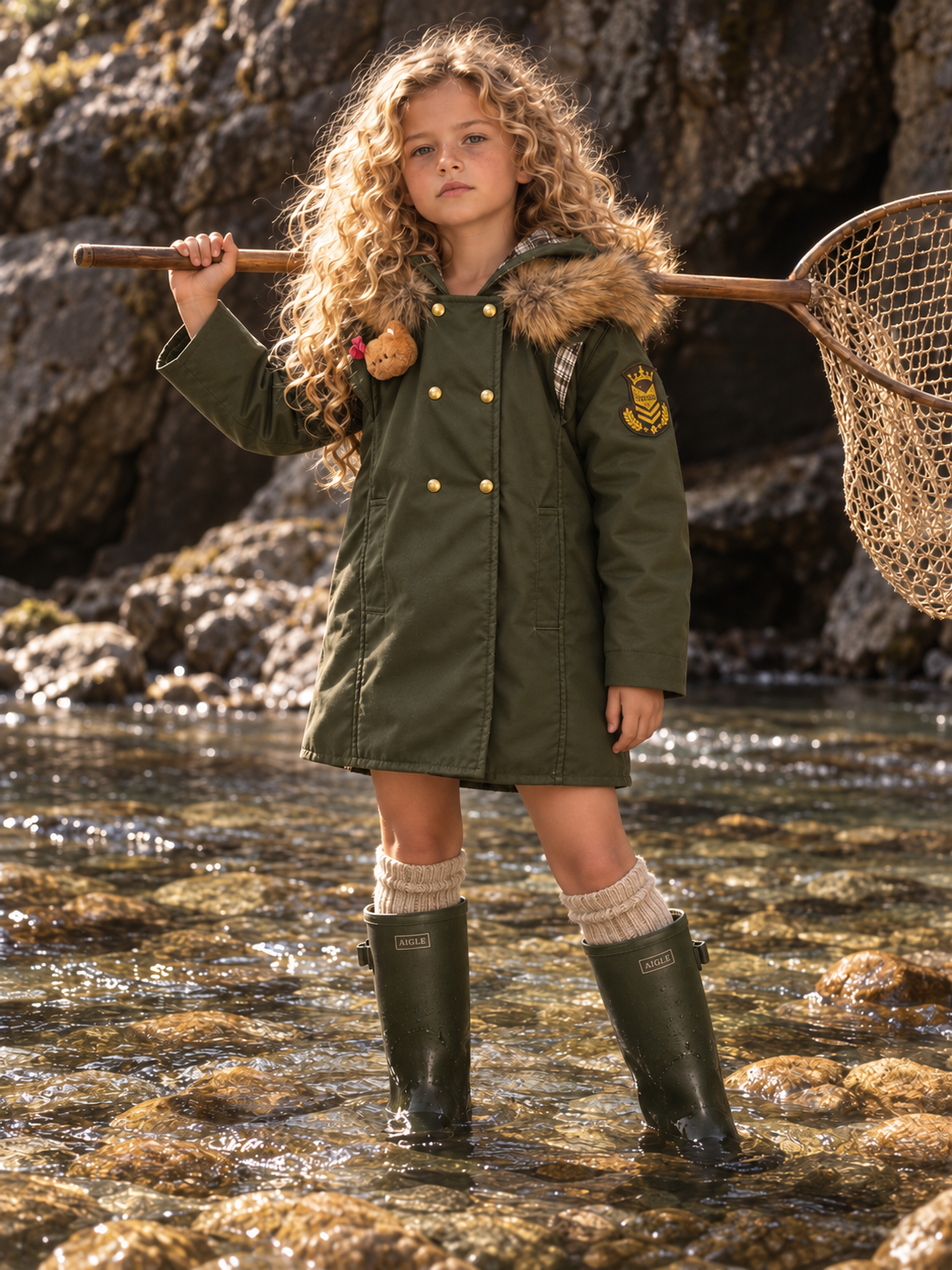 Niña con abrigo Sandringham verde oliva y botas de agua junto a un río