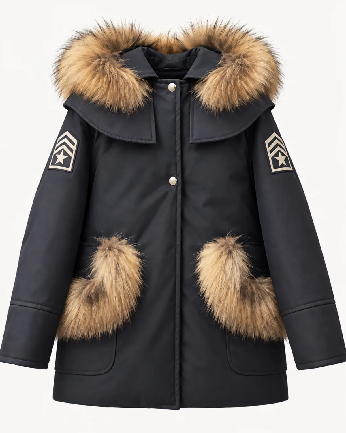 Parka Windsor azul marino de niña con pelo natural y parches militares
