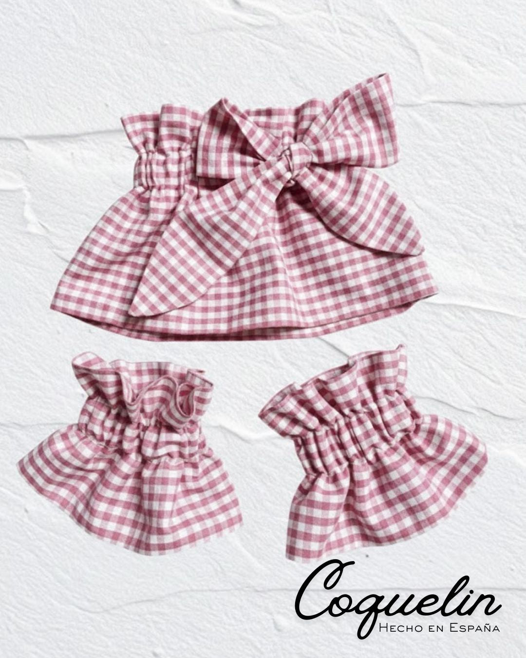 Conjunto cuello y puños vichy rosa viejo