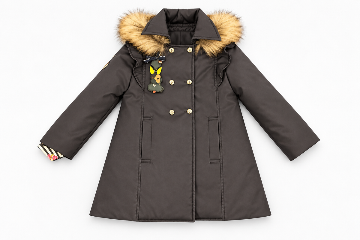 Abrigo Belgravia de niña azul marino con broche exclusivo Coquelin y capucha de pelo, vista frontal