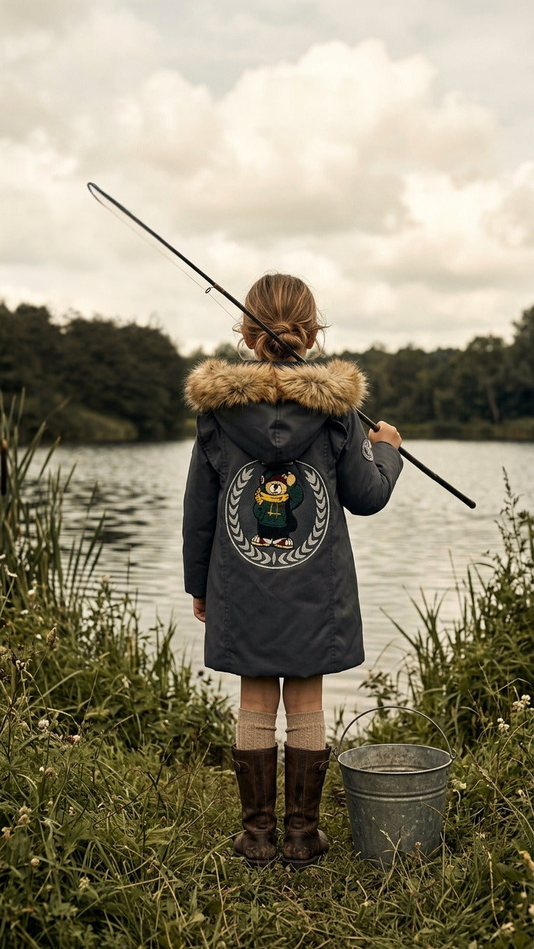 Niña de espaldas con abrigo Belgravia y osito de chenilla frente a un lago