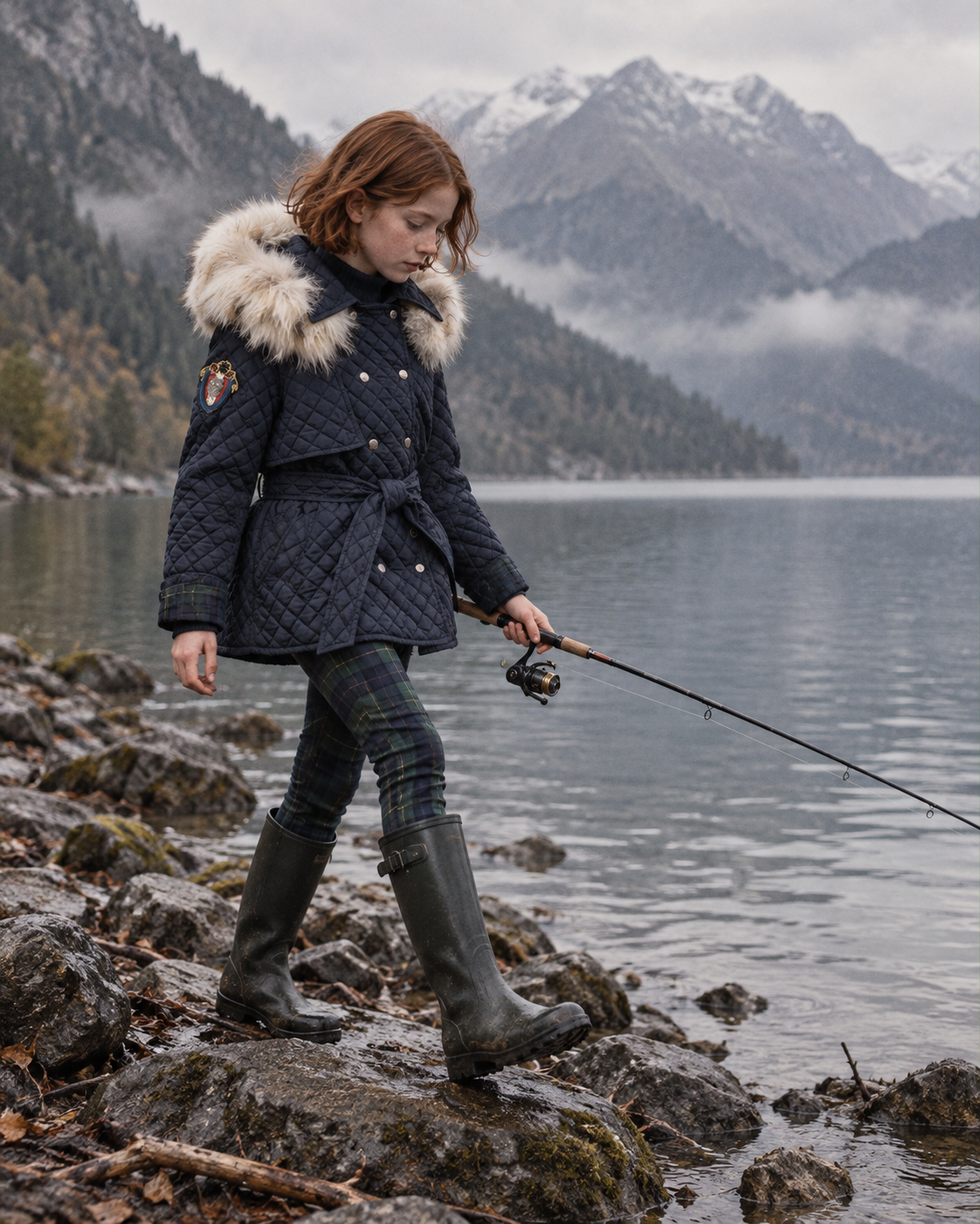 Niña con abrigo Chelsea de rombos acolchados azul marino y botas de agua junto a un lago