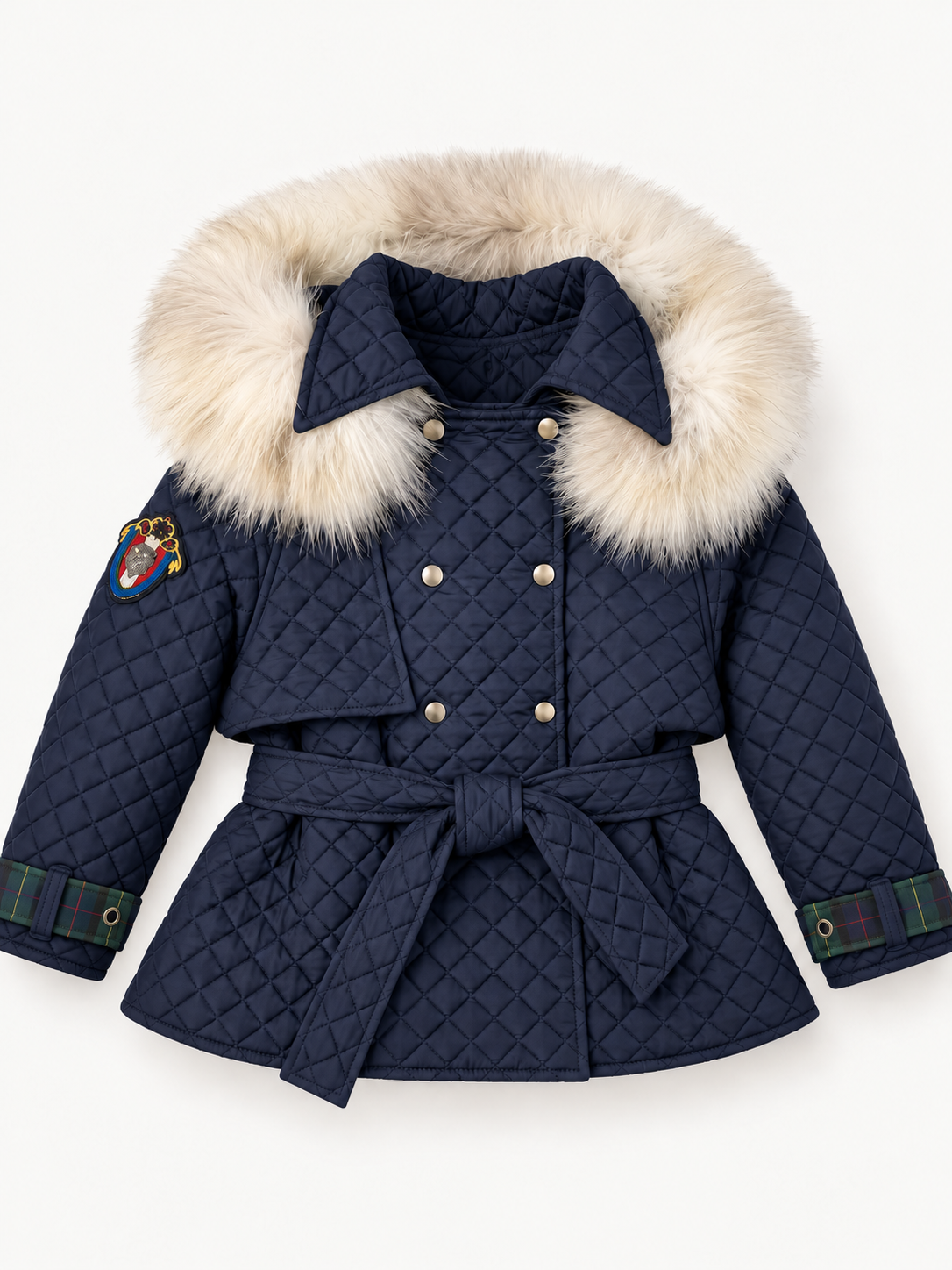 Abrigo Chelsea de niña, gabardina acolchada azul marino de rombos, cinturón, capucha con pelo natural y puños de cuadros reversibles, vista frontal