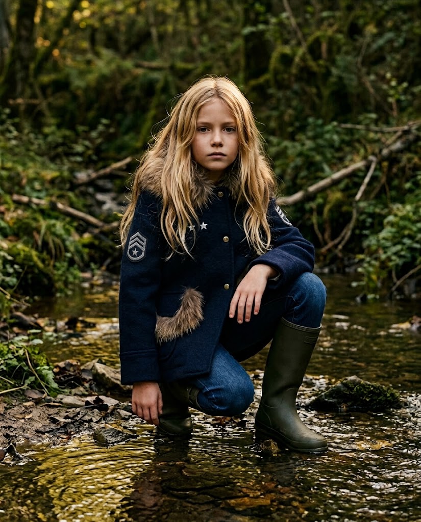 Niña con abrigo Cotswolds azul marino y botas de agua en un arroyo