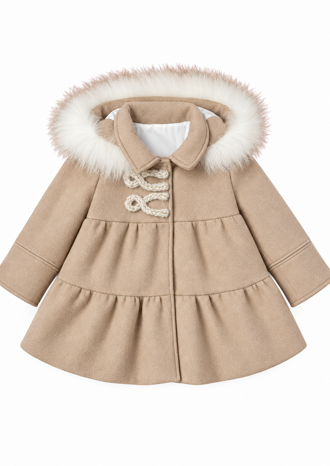 Abrigo Goldie beige de niña en lana con volantes, galones decorativos con detalles dorados y capucha de pelo natural marfil