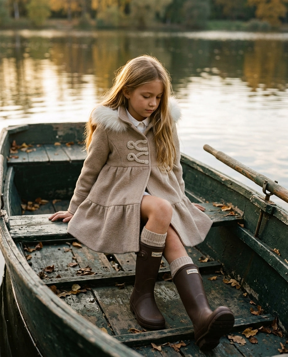 Niña con abrigo Goldie beige de lana con falda de volantes y botas junto a un lago