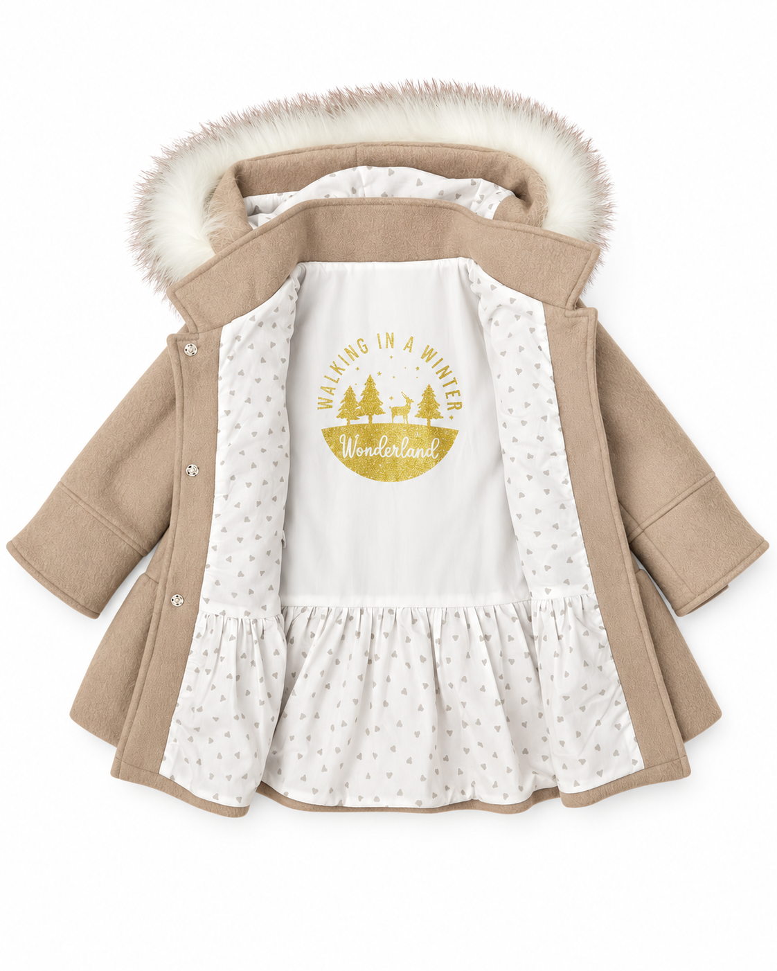 Forro interior blanco del abrigo Goldie con pequeños corazones y dibujo dorado Winter Wonderland