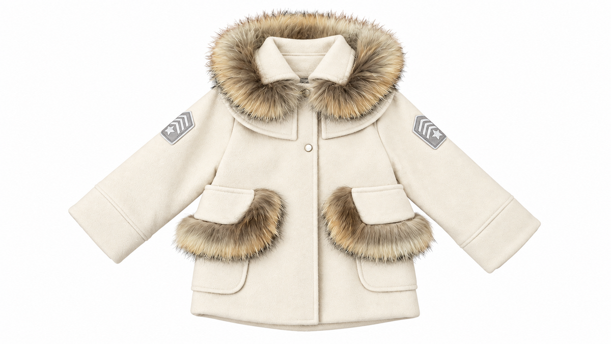 Abrigo Iconic de niña en lana blanco roto, capucha de pelo natural, bolsillos con pelo y parches militares, vista delantera