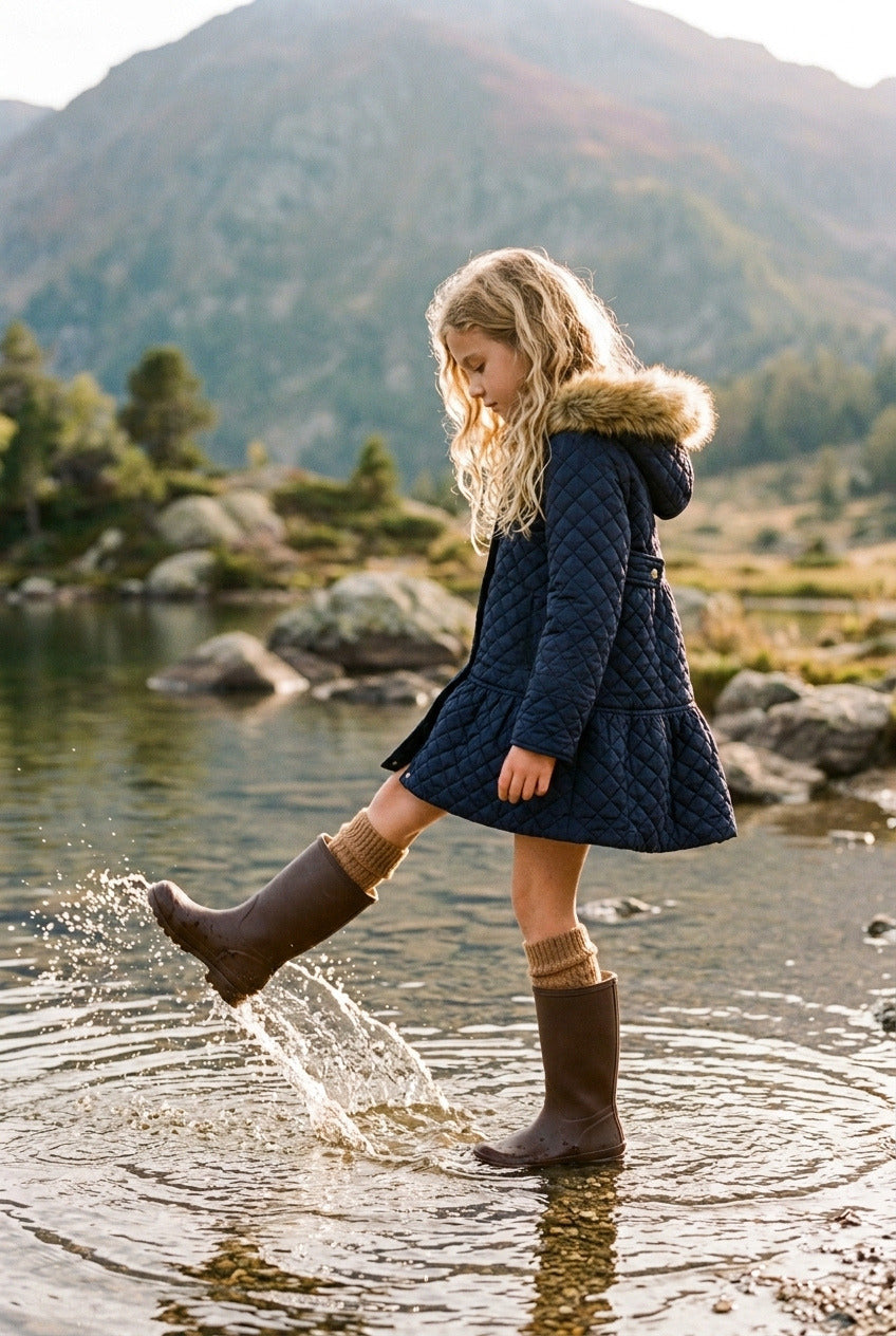 Niña con abrigo Madison acolchado azul marino y botas de agua junto al agua