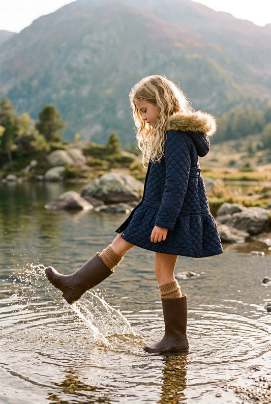 Niña con abrigo Madison acolchado azul marino y botas de agua junto al agua