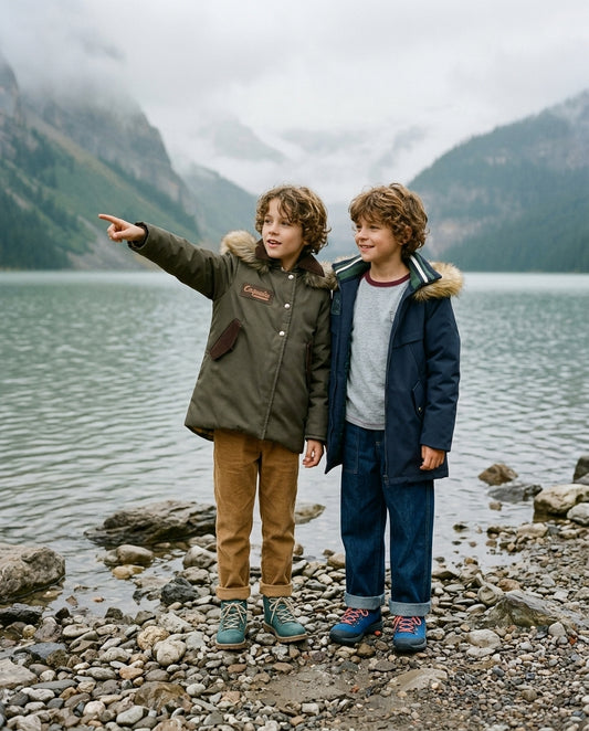 Editorial de moda infantil con niño llevando abrigo Maverick verde caqui junto a un lago, acompañado de niño con abrigo Outside azul marino