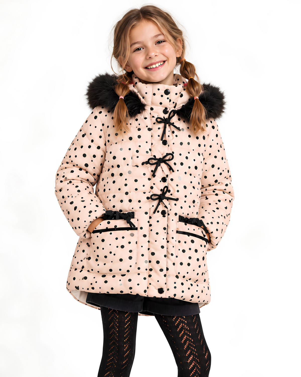 Niña con abrigo Polka rosa de lunares negros, lazos y bolsillos delanteros