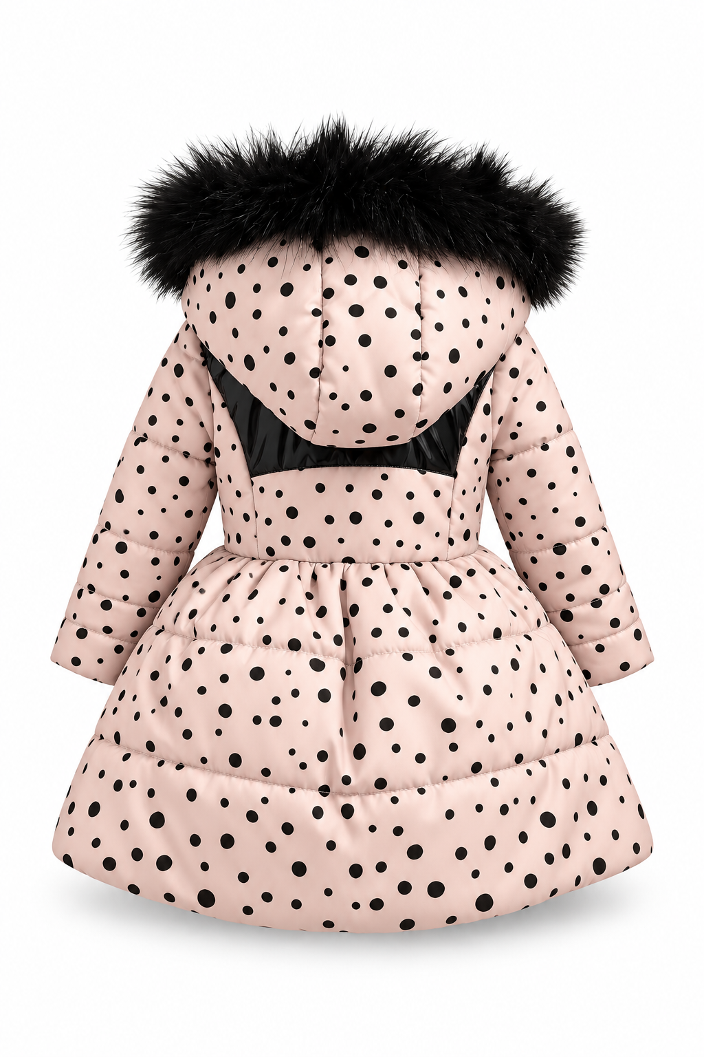 Abrigo Polka Swing de espaldas, falda con vuelo y panel negro de acabado brillante