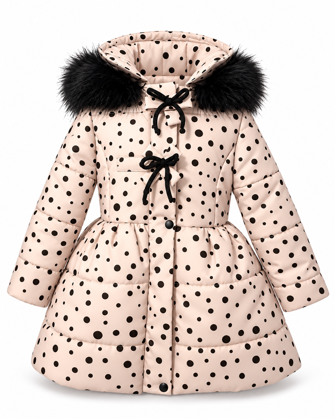 Abrigo Polka Swing de niña beige empolvado con topos negros, lazos y falda de vuelo
