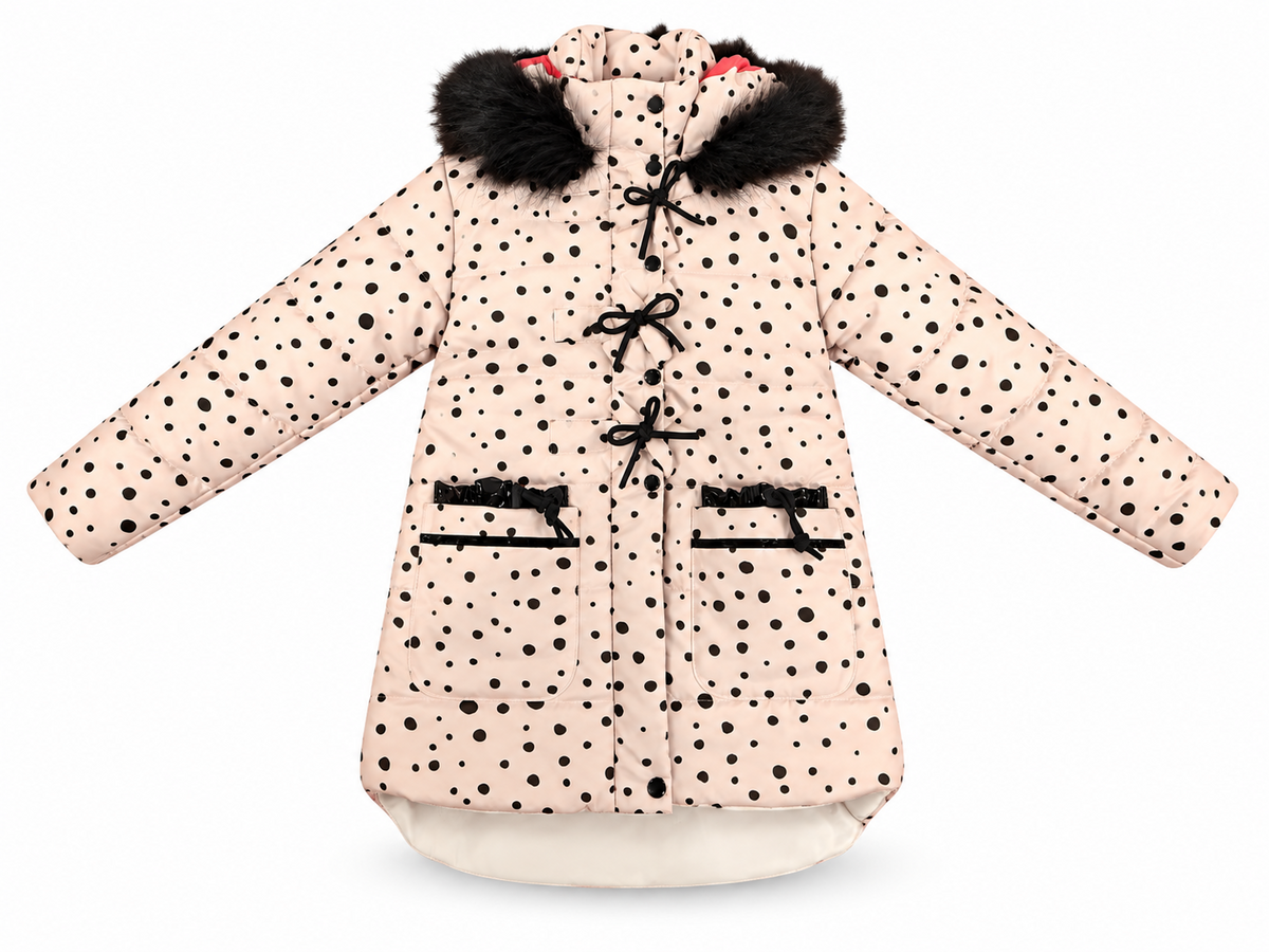 Abrigo Polka rosa claro con lunares negros, lazos delanteros, bolsillos y capucha con pelo sintético negro