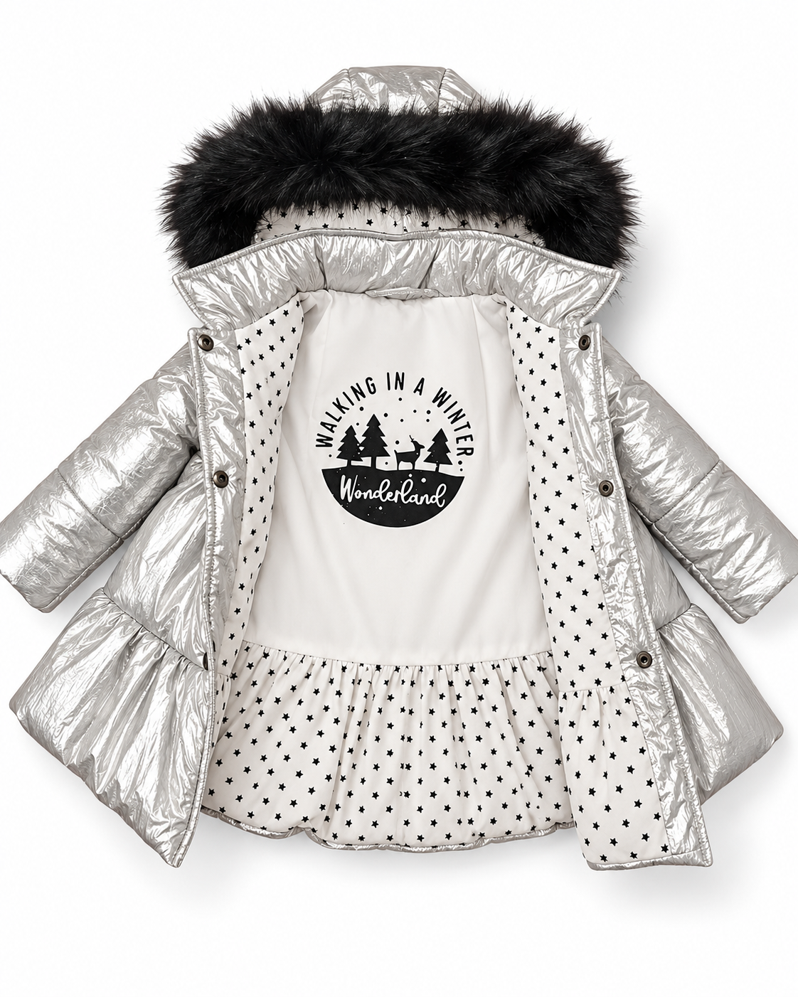 Interior de abrigo Stardust con forro blanco de estrellas y diseño Winter Wonderland en negro