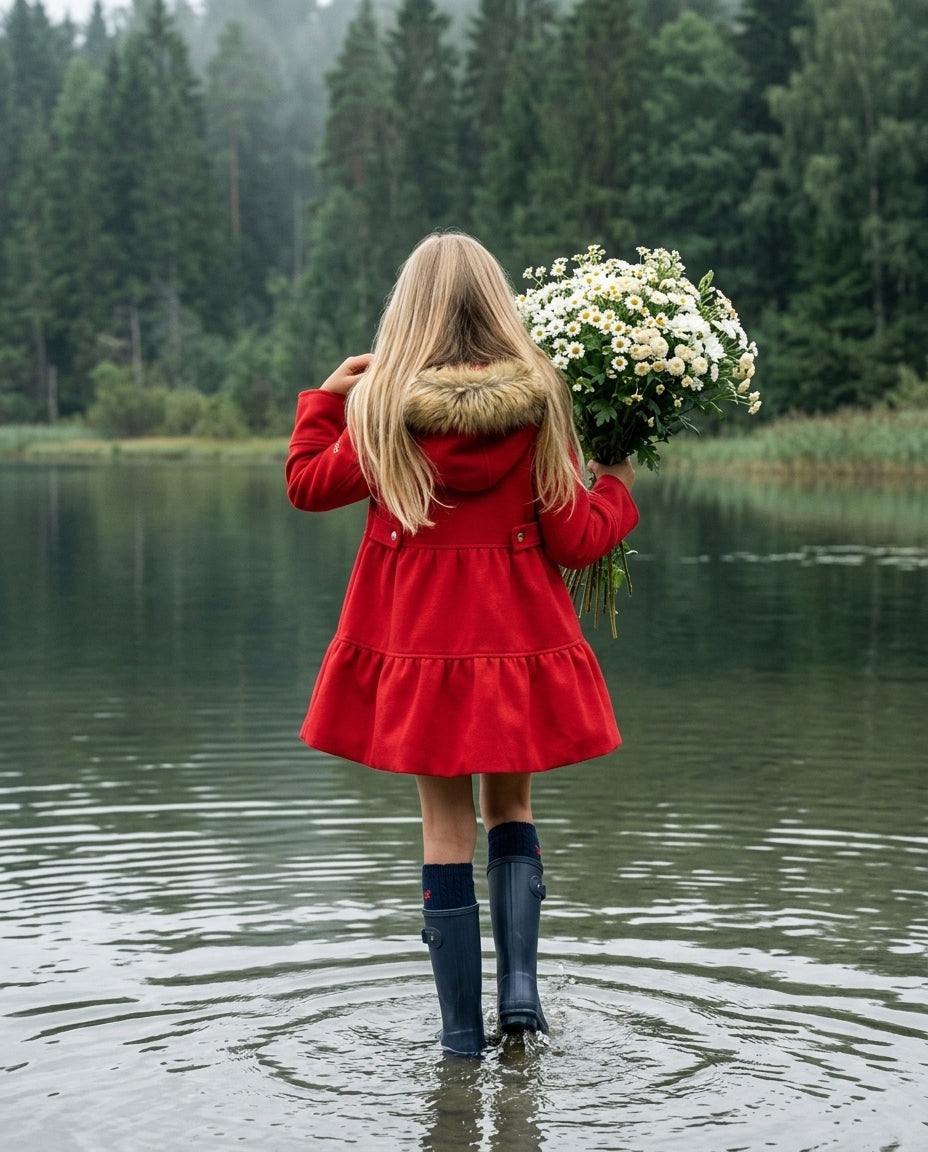 Niña de espaldas con abrigo Wonderland rojo y flores junto a un lago