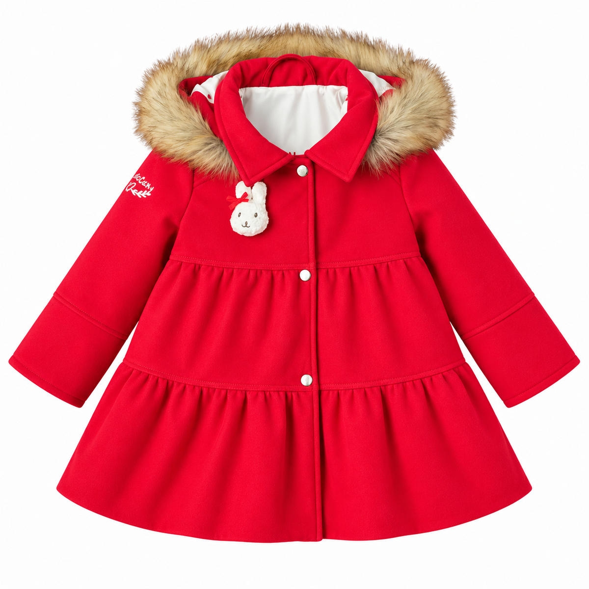 Abrigo Wonderland rojo de niña con volantes, capucha de pelo sintético y conejito delantero
