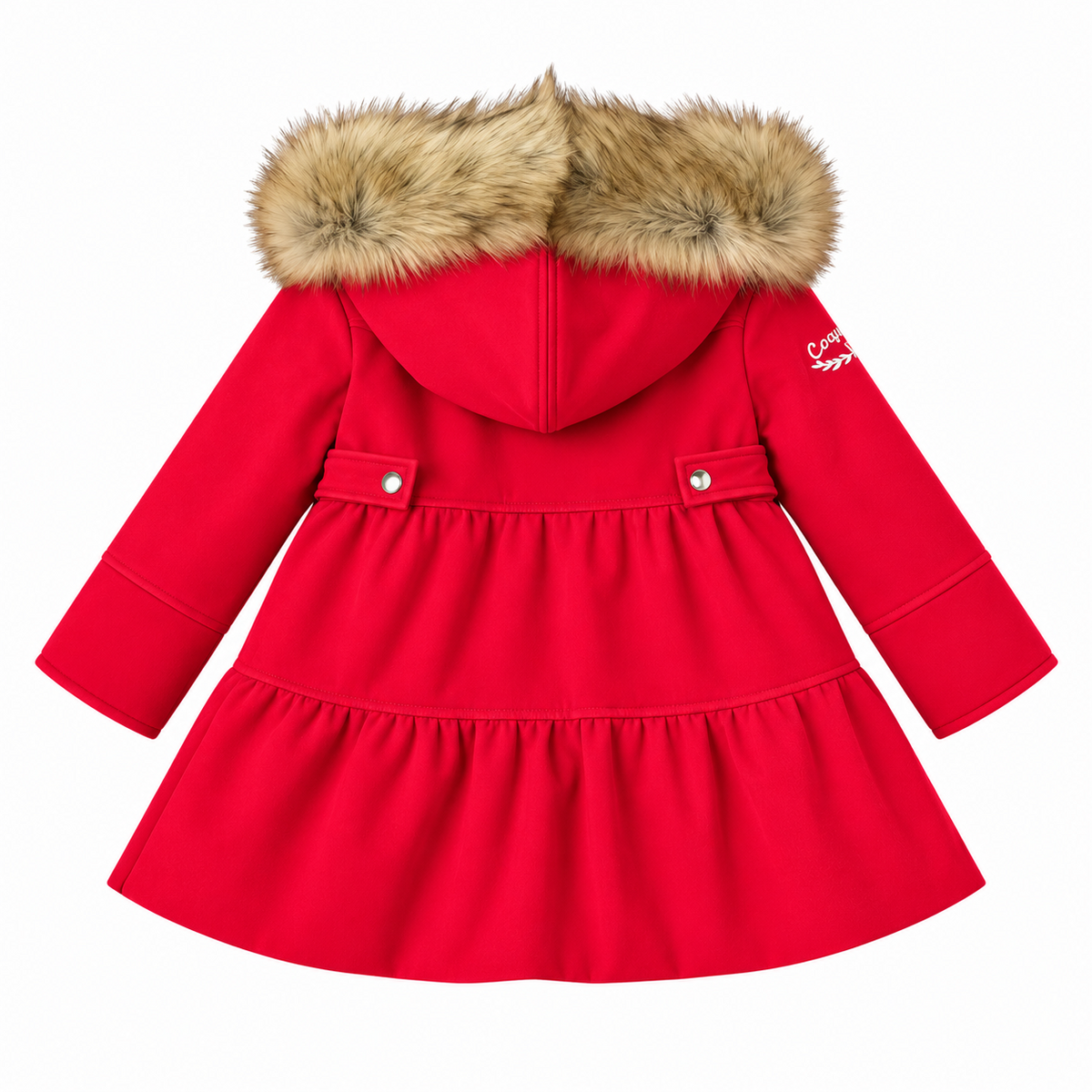 Vista trasera del abrigo Wonderland rojo con dos volantes y capucha con pelo sintético