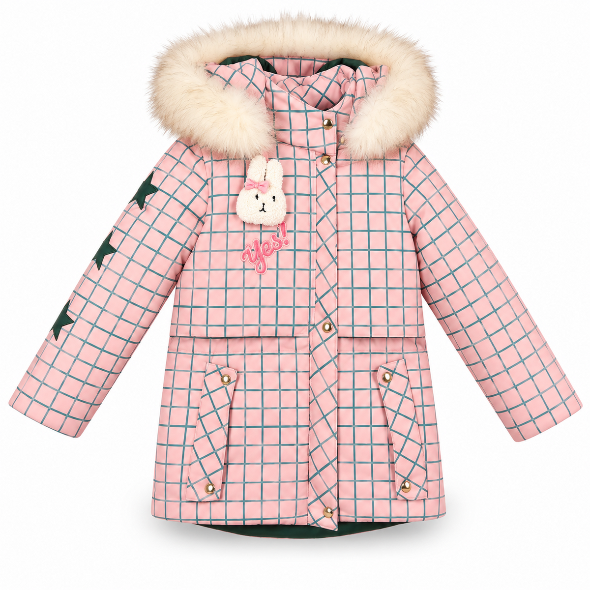 Abrigo Mon Chéri rosa de niña con cuadros verdes, capucha de pelo natural y conejito decorativo, vista frontal