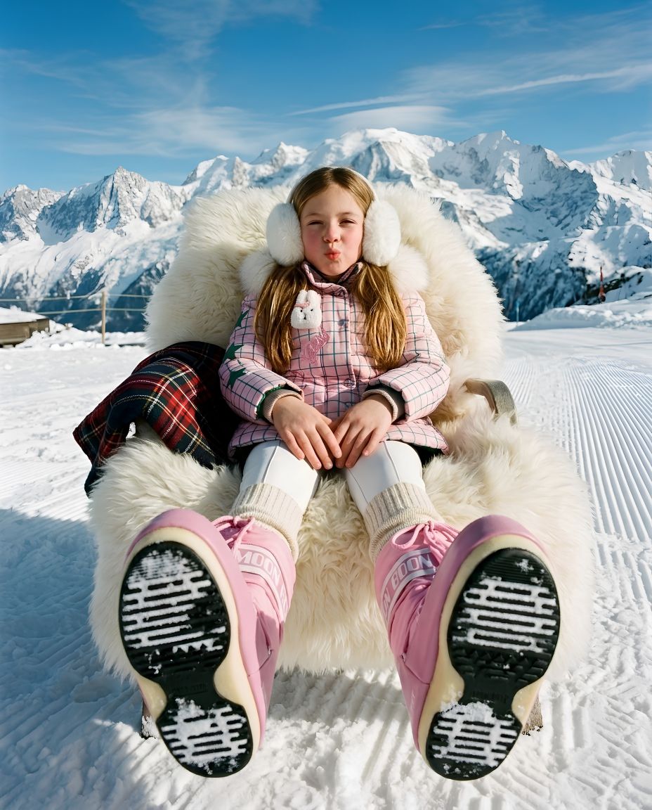 Niña con abrigo de cuadros rosa Mon Chéri y botas rosas sobre la nieve
