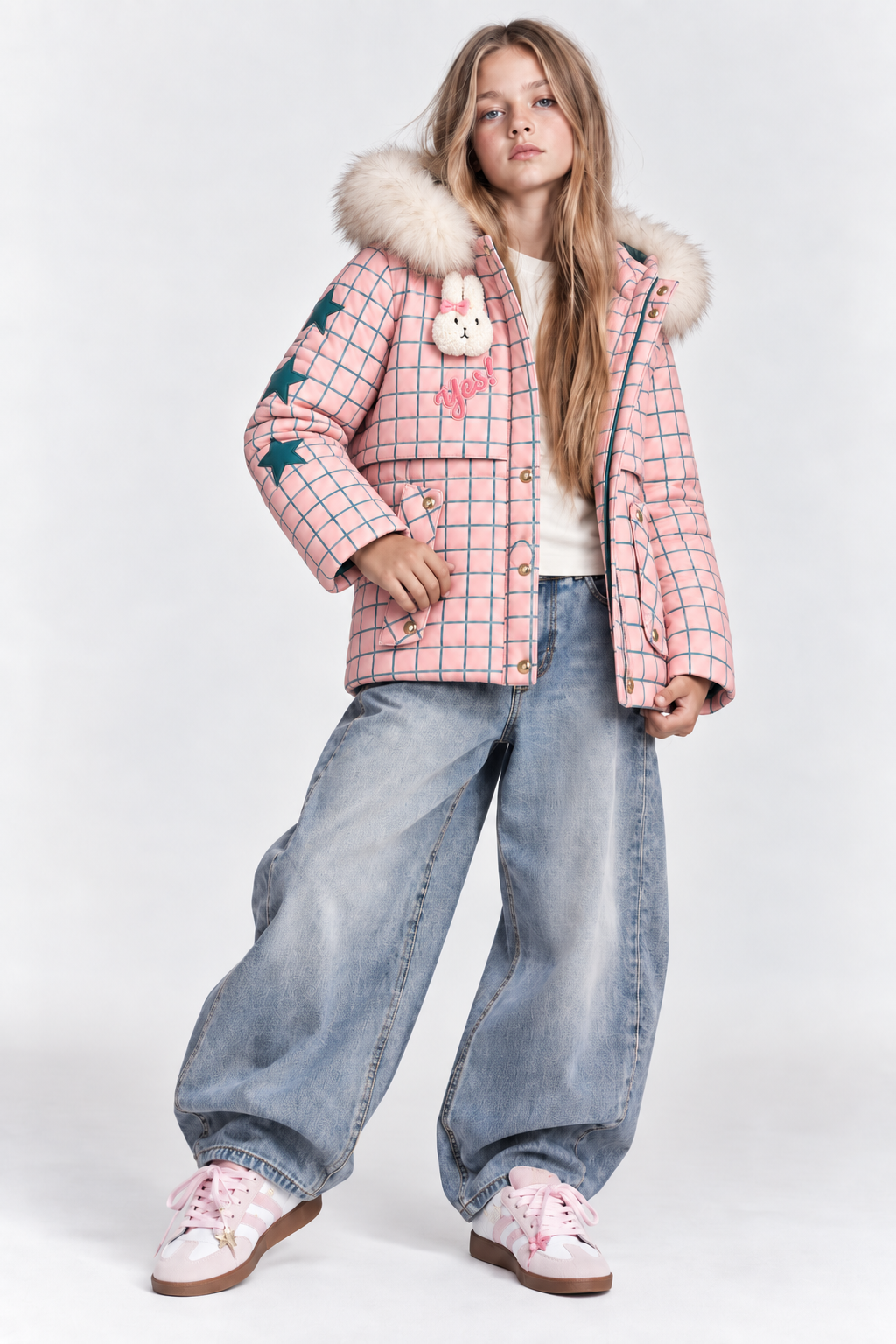 Niña con abrigo Mon Chéri rosa de cuadros, vaqueros anchos y zapatillas, estilismo editorial