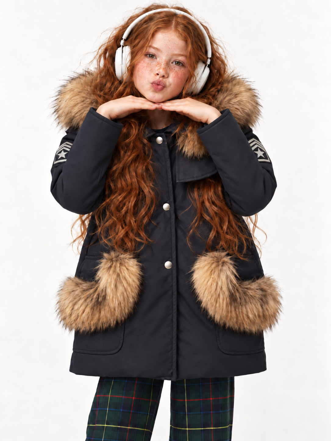 Parka Windsor de niña con capucha de pelo natural y bolsillos de plastón