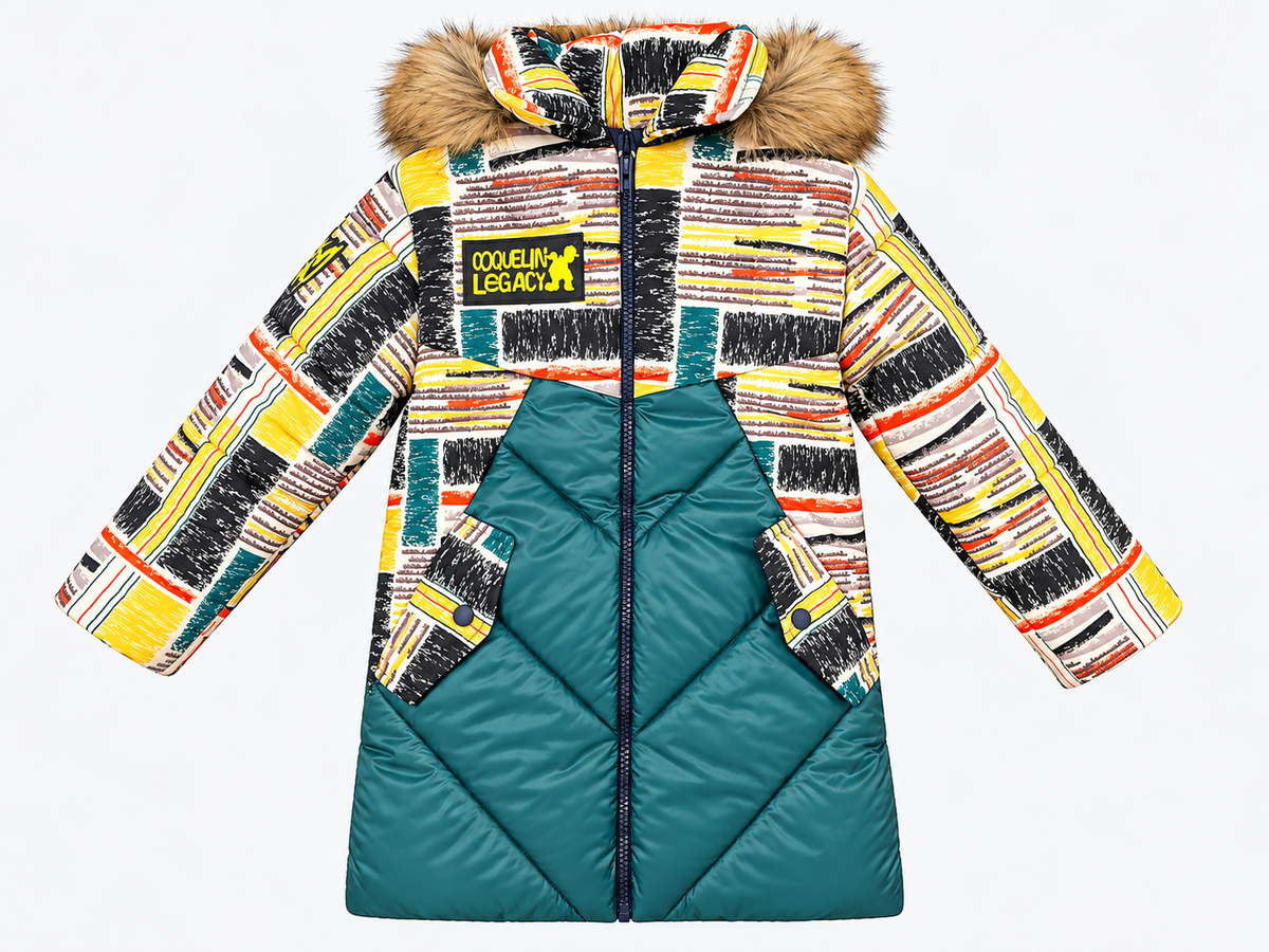 Abrigo Six Seven para niño, acolchado con bloques multicolor y verde petróleo, capucha de pelo natural y parches Coquelin Legacy, vista frontal