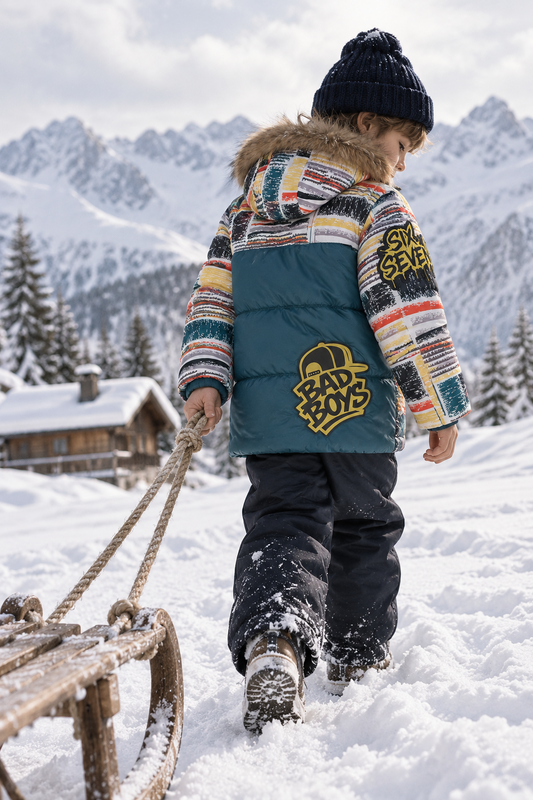 Niño con abrigo Six Seven en la nieve, estampado multicolor, espalda verde petróleo y aplicación amarilla Bad Boys
